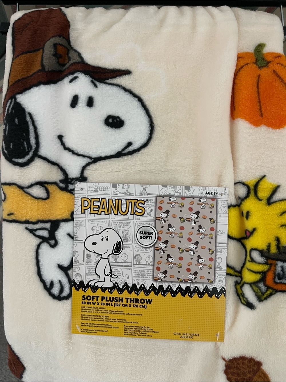 πPEANUTS OVERSIZED SNOOPY THANKSGIVING π¦ PLUSH FLEECE THROW BLANKET - Picture 6 of 6